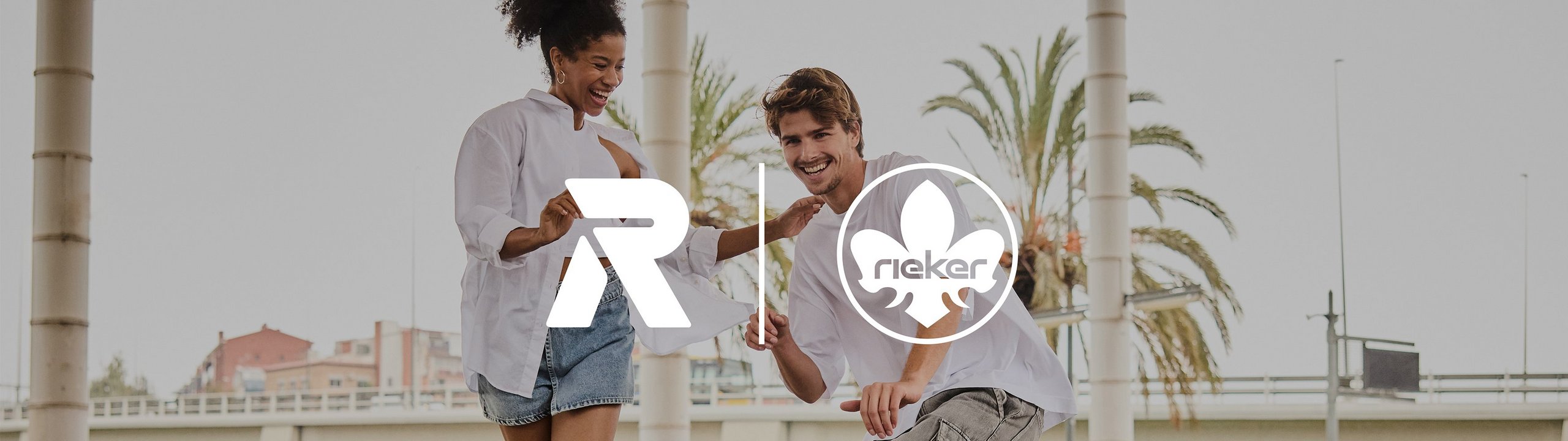 A woman and a man on a skateboard. The Rieker Sport and Rieker Comfort & Style Logos are graphically placed in the middle of the foreground.