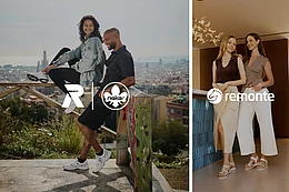 Collage aus zwei Bildern. Links ein Mann und eine Frau, die Sneaker tragen. Das Rieker Sport und Rieker Comfort & Style Logo befindet sich in der Mitte. Auf dem rechten Bild sprechen zwei Frauen miteinander, in der Mitte das remonte Logo.