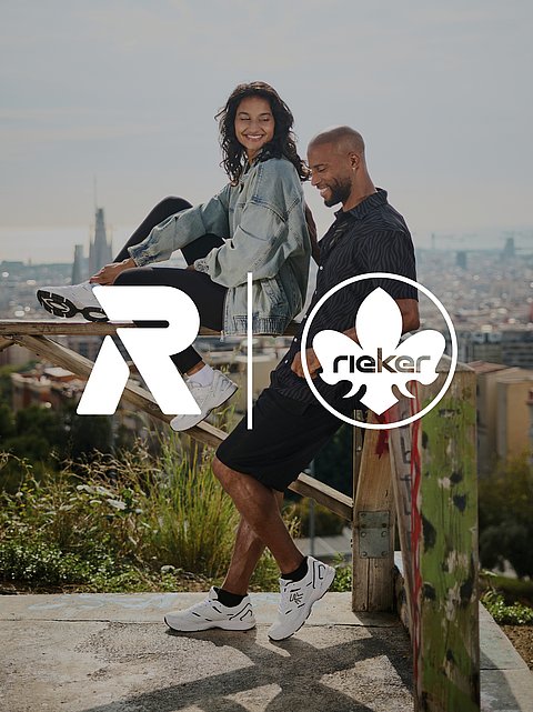 A woman and a man wearing Rieker Sneaker. In the middle of the picture stand the Rieker Logos.