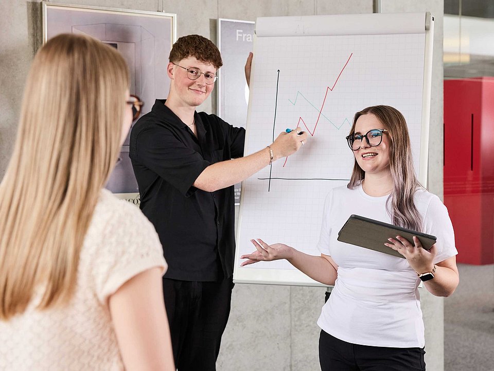 Trainees besprechen im Team ein Diagramm.